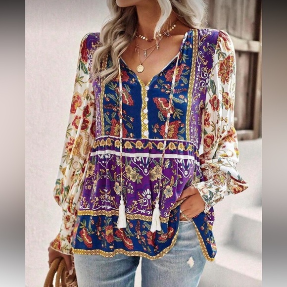 Boho Plus Size Size Floral Print Smocked Cuff Long Sleeve Blouse Top Shirt - Picture 1 of 12